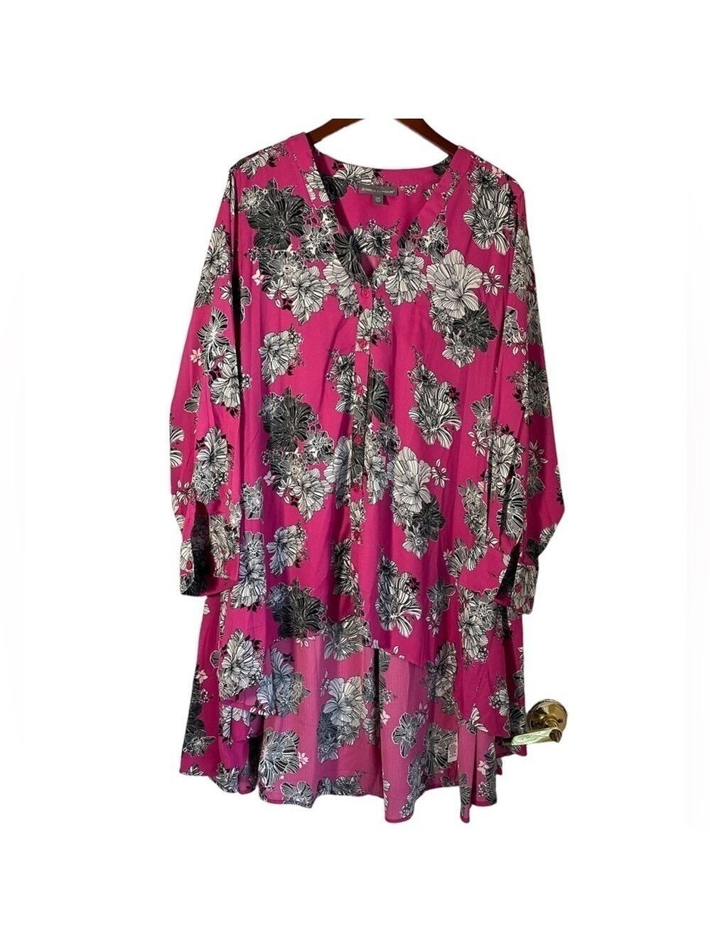 Jessica London Hi-Low Tunic Top Blouse Button Front Plus Size 26W Pink Floral